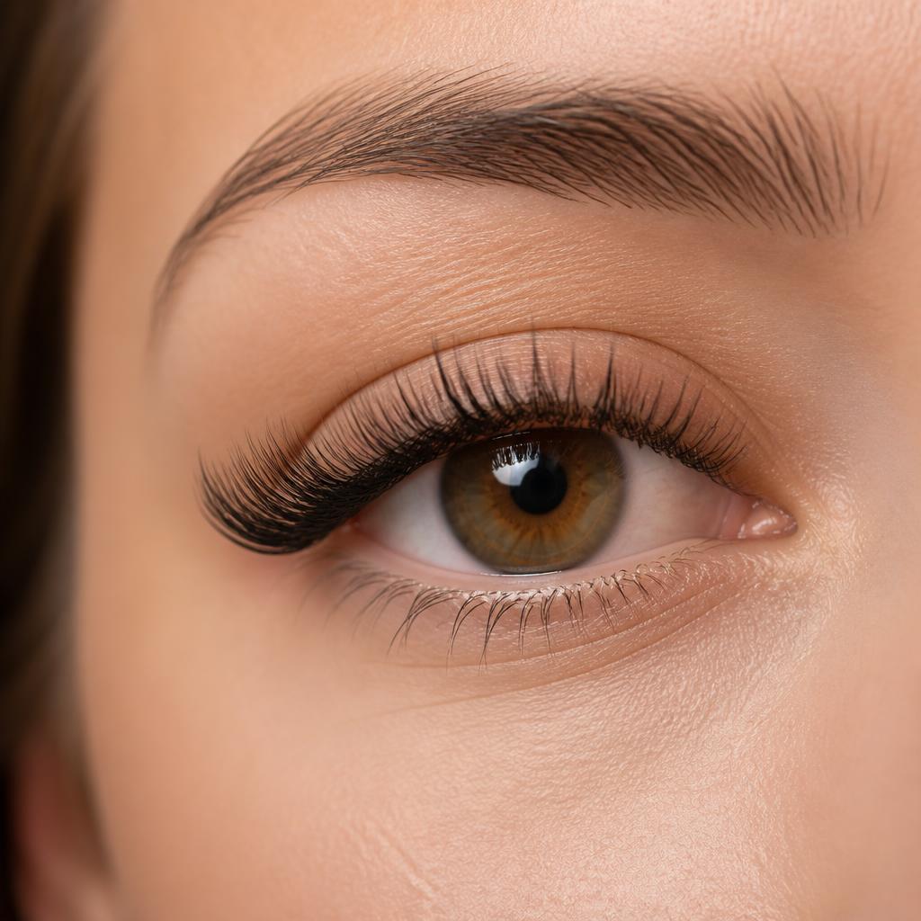 Close-up of textured hybrid lash extensions in warm champagne light