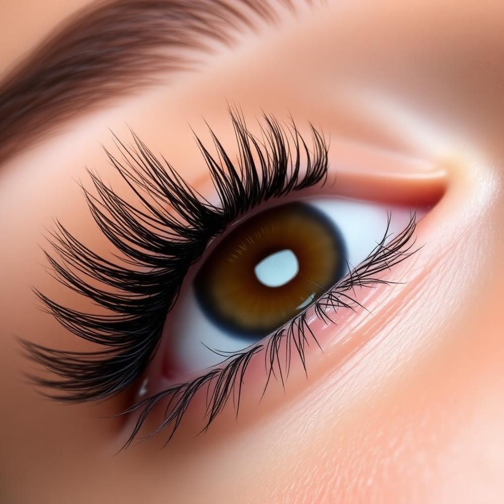 Close-up of textured hybrid lash extensions in warm champagne light